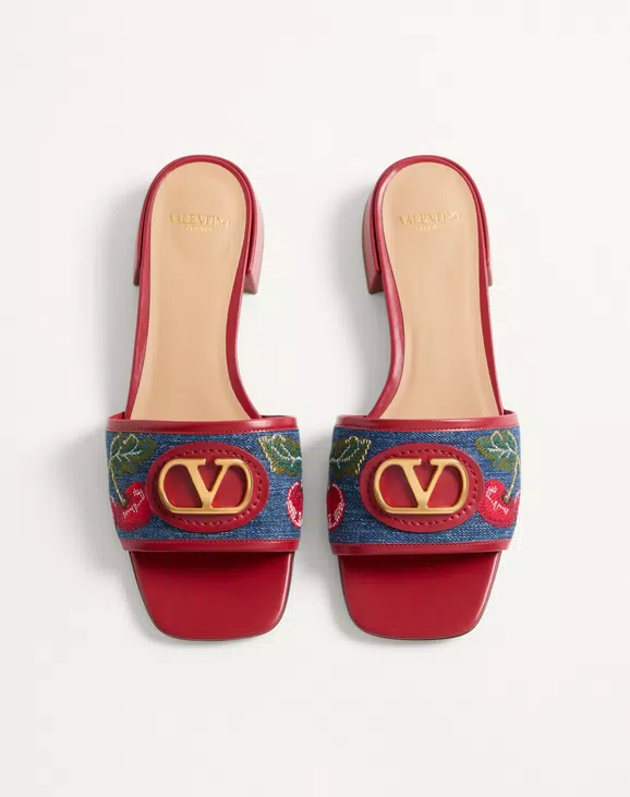 Valentino Vlogo Signature Denim Slide Sandal With Cherryfic Embroidery 20Mm - Image 5